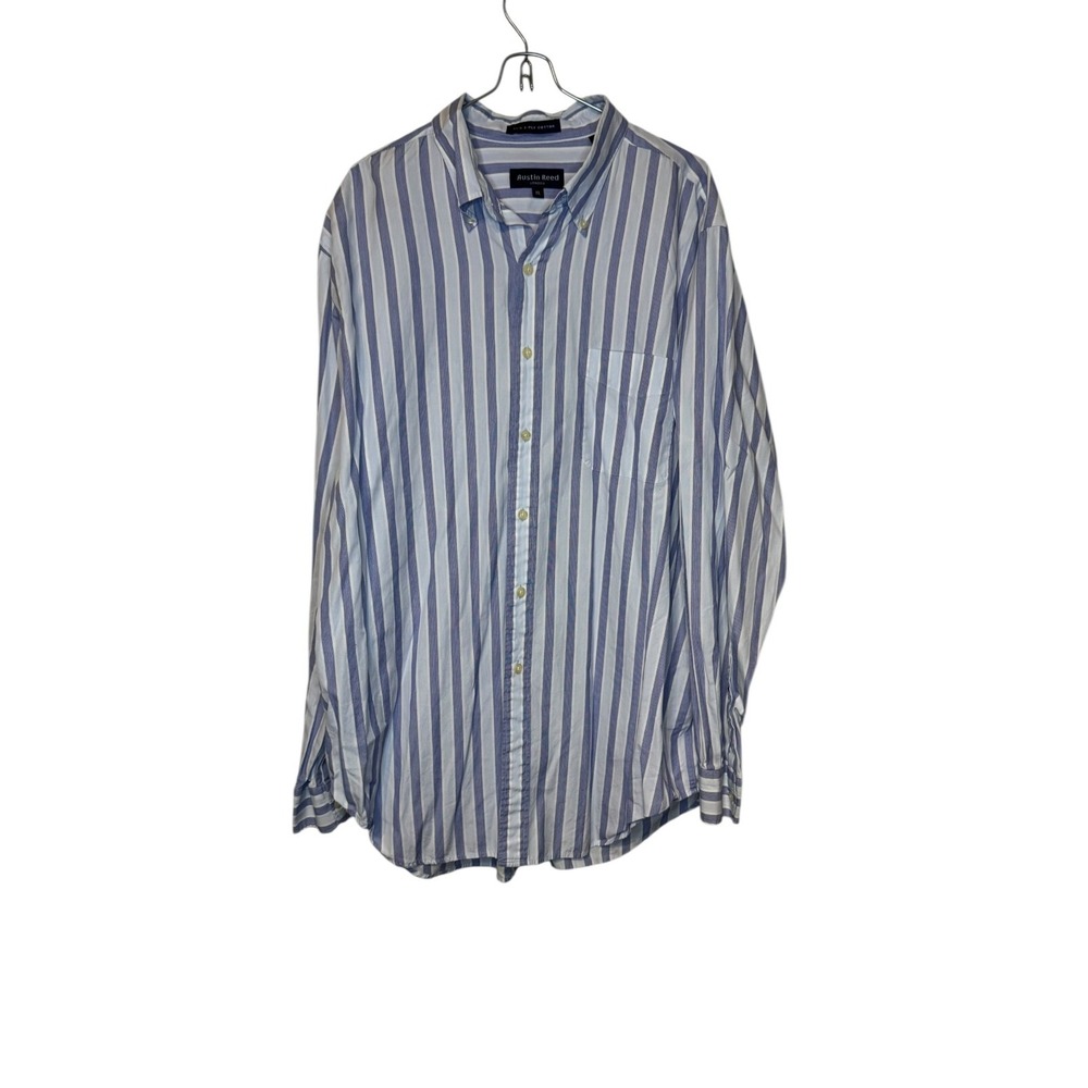 Austin Reed London Men Shirt 80's 2-Ply Cotton Long Sleeve Striped White Blue XL
